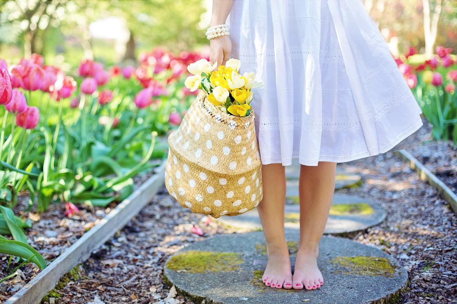 A woman in a white dress holding a polka dot basket filled with yellow flowers, standing barefoot on a garden path surrounded by pink tulips.