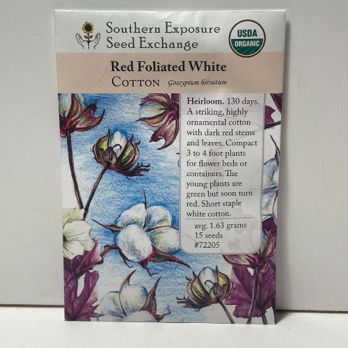 Red Foliated White Cotton Seeds, Heirloom, Organic